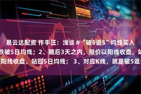 易云达配资 作手汪：浅谈＃“破5返5”均线买入法＃1、股价以收盘价跌破5日均线；2、随后3天之内，股价以阳线收盘，站回5日均线； 3、对应K线，就是破5返5的短线买点。